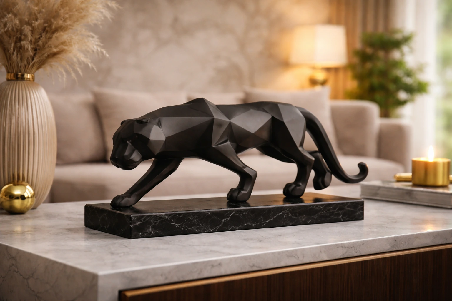 Karigaari India Modern Abstract Black Panther Sculpture Geometric Resin Wildlife Decor Gift Craft Ornament Accessories Furnishing.